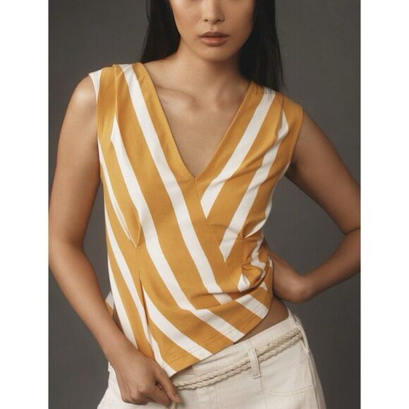 Anthropologie Maeve Sleeveless Deep V-Neck Corset Top Striped Orange Women’s XL - Picture 1 of 13